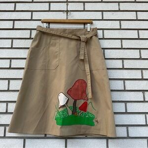 Vintage Handmade Khaki Tan Mushroom Embroidered Appliqué Wrap A-Line Skirt 70s